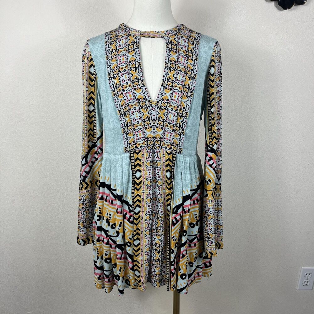 Free People Dress Womens 2 Multicolor Geometric Tegan Border Print Mini Boho - Picture 1 of 11